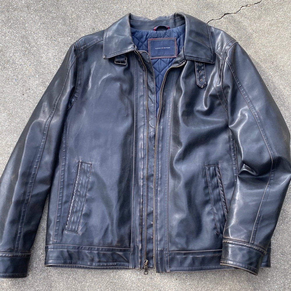 Tommy Hilfiger dark brown leather jacket vintage distressed
